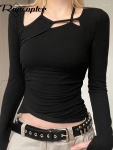 Женские футболки Rapcopter Y2K, асимметричный укороченный топ с вырезами, бандажная рубашка, стильная корейская тонкая футболка с длинными рукавами и крестиком, гранж-панк, Harajuku