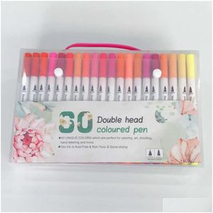 Markers Wholesale 100 Colors Dual Tip Brush Color Pen Art Touchfive Copic Watercolor Fineliner Ding Painting Stationery Drop Deliver Otdii