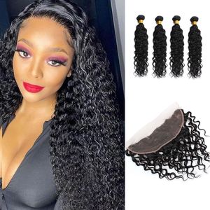 Water Wave 3 Bundles With 13X4 Lace Frontal Brazilian 100% Human Hair Wefts With Closures Natural Color 4 PCS/lot