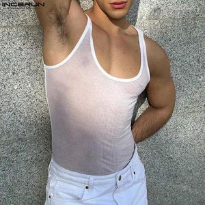 Regatas masculinas 2024 homens sólidos o pescoço sem mangas respirável ver através sexy coletes streetwear moda roupas finas incerun S-5XL