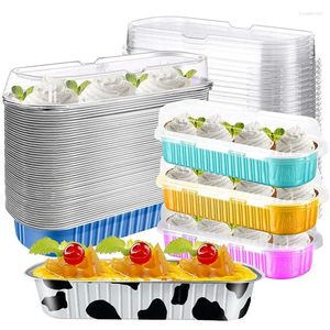 Pişirme Kalıpları 50 PCS Kapaklarla Dikdörtgen Kupalar 200ml Alüminyum Folyo Ramekinler Pan Tatlı Cupcake Konteynerler Parti Düğün İçin Sarmalayıcılar