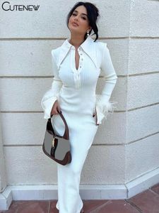 Sıradan elbiseler sevimli kadınlar polo yaka maxi elbise tüy parlama kolları tek göğüslü uzun vestidos 2024 zarif moda sokak kıyafetleri