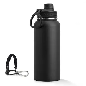 Su Şişeleri 1000ml Paslanmaz Çelik Vakum Yalıtımlı Spor Şişesi Sızıntılı Seyahat Kapağı ile Paracord Hayatta Kalma Tutucu 32 Oz