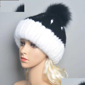 Beanie/Skull Caps Beanie/Skl Caps Winter Hats For Women Natural Knitted Mink Fur Stylish Work Warm Female Pompom Q231130 Drop Delivery Dhvik