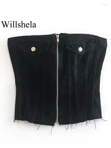 Kadın Tankları Willshela Kadın Moda Denim Katı Ön Fermuar Korse Tops Vintage Whit Button Straplez Slasth Boyun Kadın Şık Bayan Top