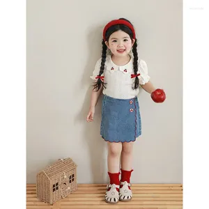 Комплекты одежды, милая футболка с изображением маленькой вишни для девочек, комплект с шортами, летний детский корейский топ, повседневные джинсы