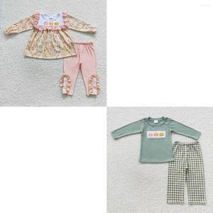 Комплекты одежды оптом для маленьких мальчиков и девочек, наряд с вышивкой тыквы на День Благодарения, детские топы с длинными рукавами для малышей, брюки, детский хлопковый комплект