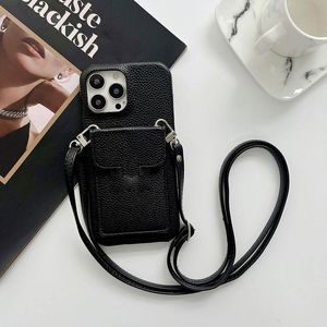 iPhone 15 Pro Max Designer Crossbody Phone Case for Apple 14 13 12 Mini 11 XS XR 8 7 Plus Luxury Pebbled PU Leather Card Holder Pocket Wallet Back Cover Coque Fundas Black