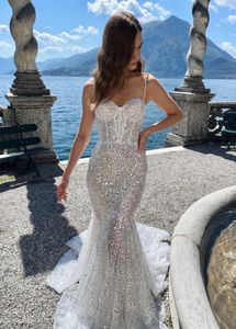 Shiny Mermaid Wedding Dress Spaghetti Strap Sequins Sweetheart Sleeveless Long Train Boho Bridal Gowns Vestidos De Novia
