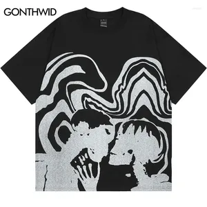 Erkekler Hip Hop Punk Gömlek Sokak Giyim Retro Soyut Grafik Baskı Pamuk Tshirt Harajuku Gotik Tee Erkek Yaz Top