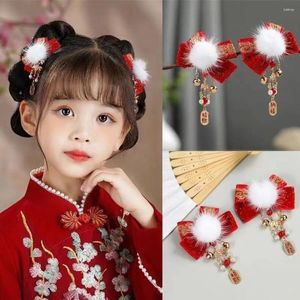 Acessórios de cabelo Ano Chinês Bola de Pelúcia Crianças Arco Vermelho Hairpin Menina Tang Terno Borla Clipe Hanfu Headdress