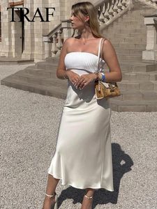 Юбки TRAF, женская модная однотонная атласная шелковая текстура, узкая юбка миди, женская пляжная стильная шикарная и элегантная женская юбка-русалка