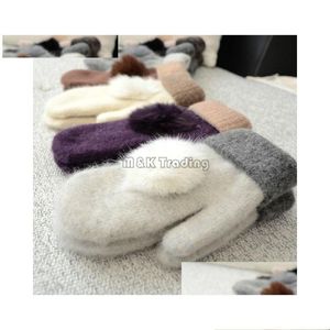 Mittens Woolen Gloves Warm And Soft Winter Ladies Mittens Solid Color Grace Rabbit Fur Ball Double Layer Match Colors Drop Delivery Fa Dhuy9