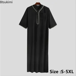 Etnik Giyim 2024 Müslüman Erkekler Jubba Thobe Katı Düğmesi Kimono Orta Robe Suudi Adam Gömlek Stand Yakası İslam Arap Kaftan Abayas
