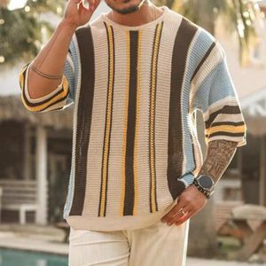Suéter masculino listrado estampado em torno do pescoço de malha meia manga cor combinando pulôver solto elástico anti-encolhimento verão outono sprin