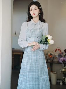 Повседневные платья, корейский шикарный дизайн, офисные женские наряды, современное винтажное синее клетчатое элегантное женское платье миди, осеннее великолепное платье Faldas Vestido
