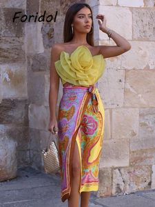 Sıradan Elbiseler Mesh Sarı Gül Çiçek Elbise Setleri Sonbahar Kış Moda Kolsuz Mahsul Üstler Noel Partisi Kadınlar 2024 Blusas Mujer