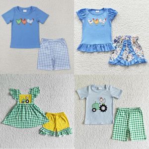 Комплекты одежды оптом для маленьких девочек и мальчиков, летняя одежда с короткими рукавами, хлопковая рубашка с курицей и вышивкой, футболка, детские полосатые шорты, одинаковые детские комплекты