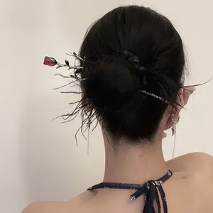 Saç klipsleri siyah çiçekler çubuklar Çin tarzı vintage metal saç tokaları zarif klip kadınlar için kızlar moda şapka aksesuarları