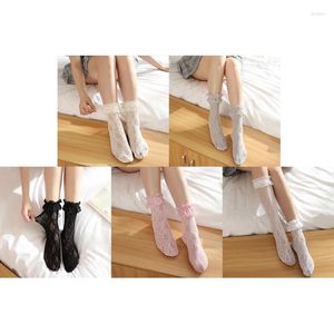 Women Socks Floral Lace Anklet With Ruffle Cuff Japanese Solid Color Sheer Fishnet Hosiery 37JB