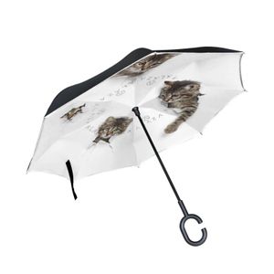 Araba Ters Şemsiye Kedileri Deliklerde Çift Katmanlı Ters Şemsiye Yağmur Kadınlar Uzun Happy Rüzgar Geçirmez Seyahat Şemsiyesi Parapluie 240123