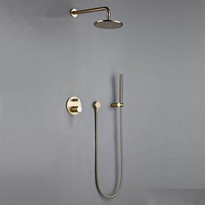 Bathroom Shower Sets 10 Inch Solid Brass Brushed Gold Bath Head Rianfall Luxury Combo Faucet Wall-Mount Arm Mixer Diverter Set Drop Dhit3