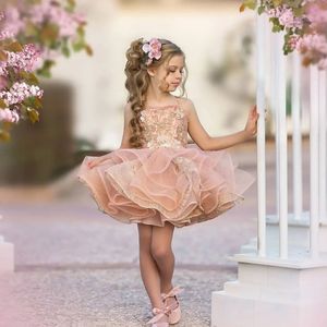 princess Pink Flower Girl Dresses Tutu Skirt A Line Short Mini Girls Pageant Gowns Beaded Baby Toddler Party Dress Ruffled Organza Skirt Spaghetti Straps Cute