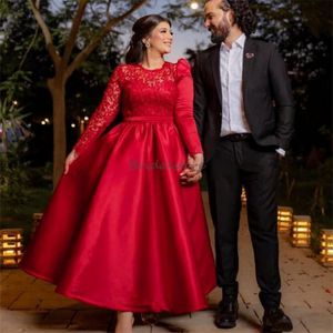 Elegant Arabic Red Evening Dresses Midi Long Sleeve Lace Prom Dress O Neck Long Sleeve A Line Cocktail Party Gowns 2024 Reception Second Party Dress Vestios De Gala