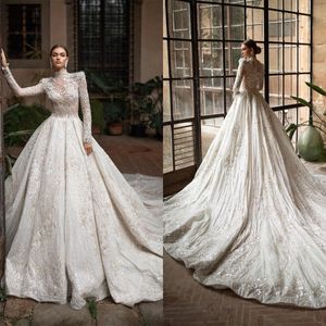 Glamorous Sequined Wedding Dresses High Collar Bridal Gowns Beaded A Line Sweep Train Bride Dresses Custom Made Plus Size