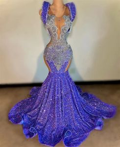 Sexy Purple Sequins Mermaid Prom Dress For Black Girl Beaded Sheer Neck Evening Party Gowns Sweep Train Robes De Soiree