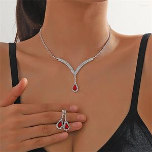Комплект ожерелья и серег FYUAN с геометрическими стразами для женщин, красные капли воды, кристаллы, свадебные аксессуары для невесты