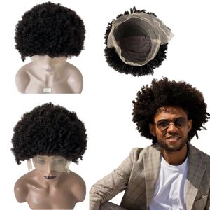 12 inç 6mm Kinky Kıvırcık Hint Bakire İnsan Saç Değiştirme Doğal Siyah Renk Siyah Erkekler İçin Tam Dantel Peruk