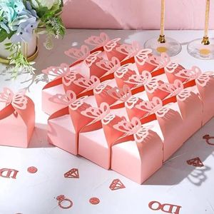 Подарочная упаковка, 50 упаковок, коробка конфет, розовая бабочка, свадебные принадлежности на день рождения, детский душ, сумки с шоколадным сердечком