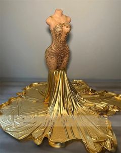 Sparkly Gold Diamonds Long Prom Dress For Black Girl 2024 Beaded Crystal Rhinestones Birthday Paty Gowns Robe De Soiree