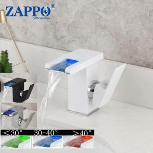Torneiras de pia do banheiro ZAPPO Torneira de bacia LED Waterfall Wash Mixer White Tap Black Deck Montado Água Fria