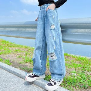 Kids Jeans for Girls Big Teens Girl Wide Leg Jeans Kids Girls Denim Hole Pants Children Outwear Long Trousers Girl Clothing 2-18 240118