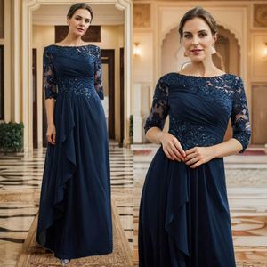 Navy Blue Mother Of The Bride Gowns Sheer Neck 3/4 Sleeves Chiffon Mother's Dresses Pleated Beaded Sequins Lace Mum Gowns For Women Wedding Guest Outfit AMM060