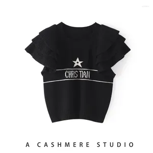 Women's T Shirts High Quality Cashmere Sweater Fashion Short Sleeve Three-layer Flying Design Black