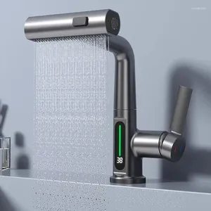 Torneiras de pia do banheiro puxando levantamento display digital torneira cachoeira bacia fluxo pulverizador misturador água fria poupança torneira para banho