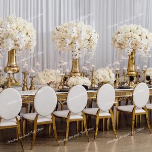 Vermietung von Fancy Gold Edelstahl-Hochzeitsstuhl für Restaurant und Bankett mit runder Rückenlehne