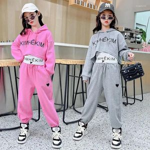 Giyim setleri kızlar bahar yaz 3pcs gündelik moda Kore tarzı kapüşonlu koşu pantolonu 6 8 9 10 12 12 yıl genç spor kıyafetleri