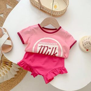 Giyim Setleri Yaz Kısa Kollu Mektup Baskı Sevimli Üst Tees Deli Düz Renk Şort Pantolon Bebek Çocuklar Bebek Pamuk Seti 2 PCS