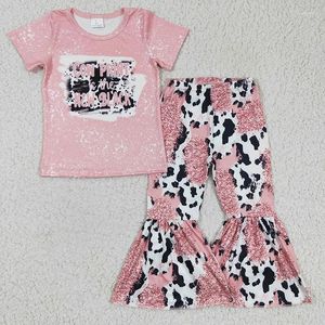 Giyim Setleri Toddler Batı Kıyafet Bebek Kız Kısa Kollu Pembe Tişört İnek Baskı Çan Alt Pantolon Toptan Çocuklar Set Giysileri