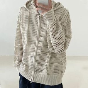 Suéter masculino vazado de malha, cardigã com capuz, manga comprida, proteção solar, versão coreana, design tendência, suéter