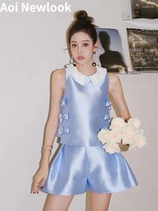 Женские майки Aoi, модный элегантный синий костюм, женский Y2k, летний жилет с бантом, топ, брюки с ампирной талией, юбка, комплект из 2 предметов высокого качества, точечные товары
