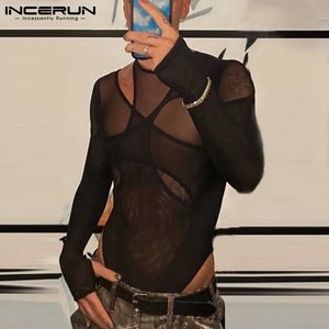 INCERUN Men Mesh Bodysuits See Through Underwear O-neck Long Sleeve Sexy Irregular Rompers Pajamas Hollow Out Men Bodysuit S-5XL 240126