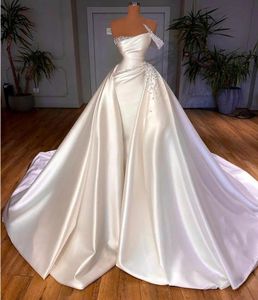 2024 Vintage Satin Church Wedding Dress Elegant One Shoulder Illusion Pearls Beads Overskirts Wedding Bride Gowns White A Line Arabic Dubai Vestido De Noiva