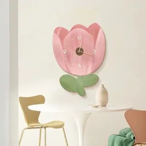 Duvar saatleri ins pembe lale çiçek şekli dilim saat ahşap karikatür yaratıcılık moda saatleri oturma odası ev dekor çocuk hediyesi