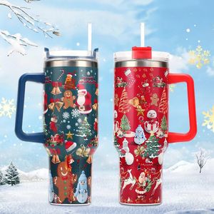 Christmas pattern 40 oz mug with handle lid straw drinkware stainless steel vacuum tumbler large capacity car travel coffee cup 240124