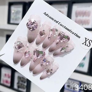 Handmade Pink Fake Nails Y2k Korean Luxury Almond Design Reusable Adhesive False Nails Full Cover Nail Tips Artificial Manicure 240129